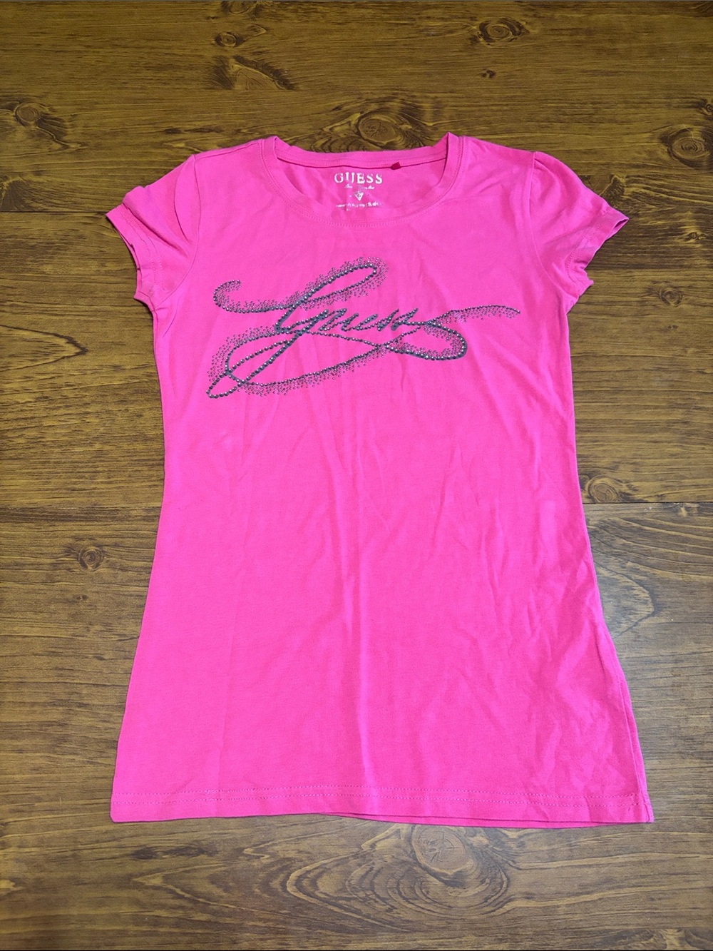GUESS Y2K Hot Pink Rhinestone Logo Fitted Baby Tee Small